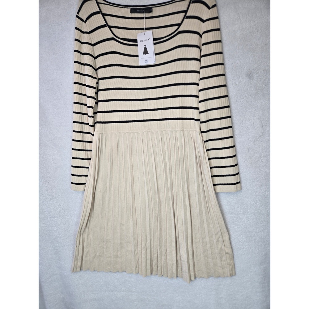 ZESICA Womens XL Striped Pleated Long Sleeve Ribbed Knit Sweater Dress Cream